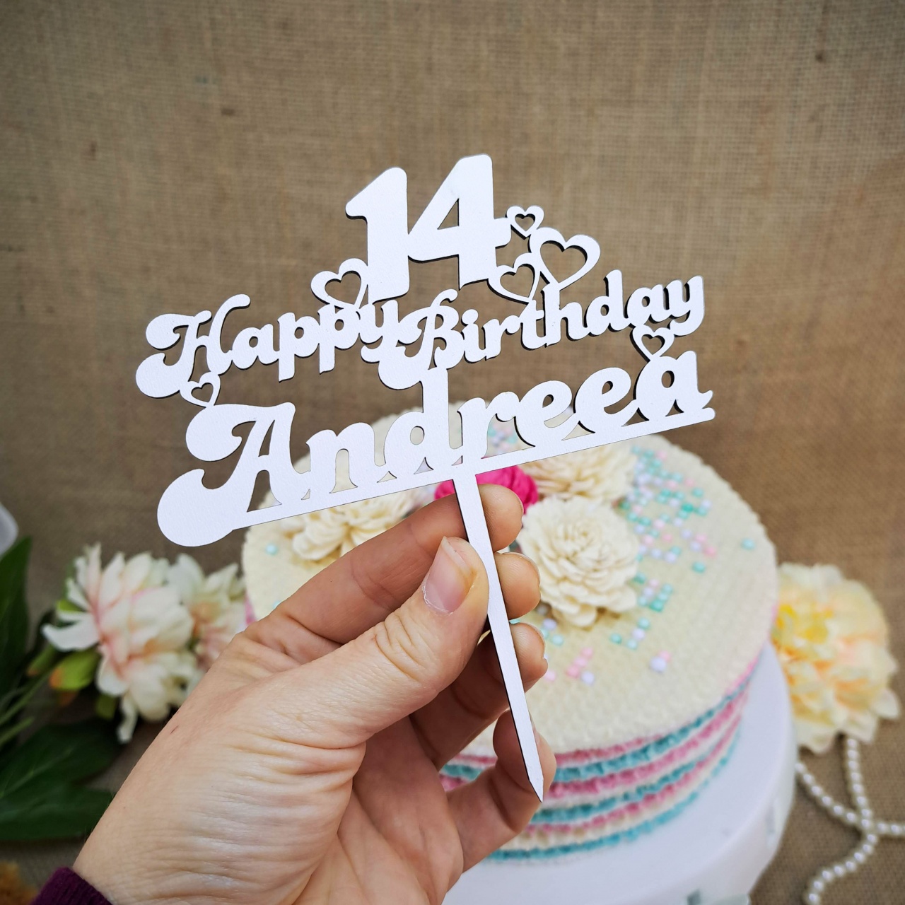 Topper Happy Birthday 13,5×20 cm, HDF alb