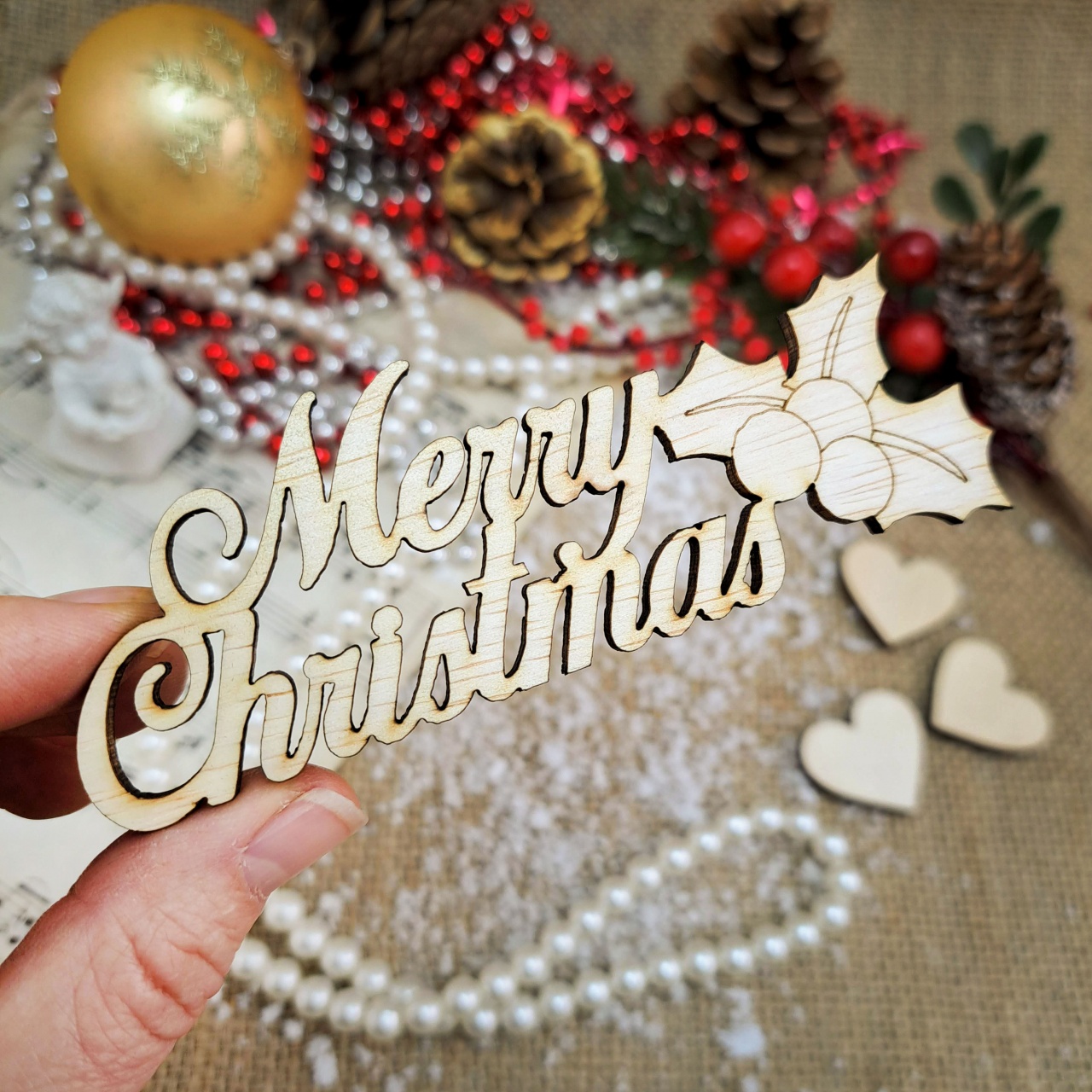 Decor Merry Christmas cu holly, 15×5,4 cm, placaj lemn