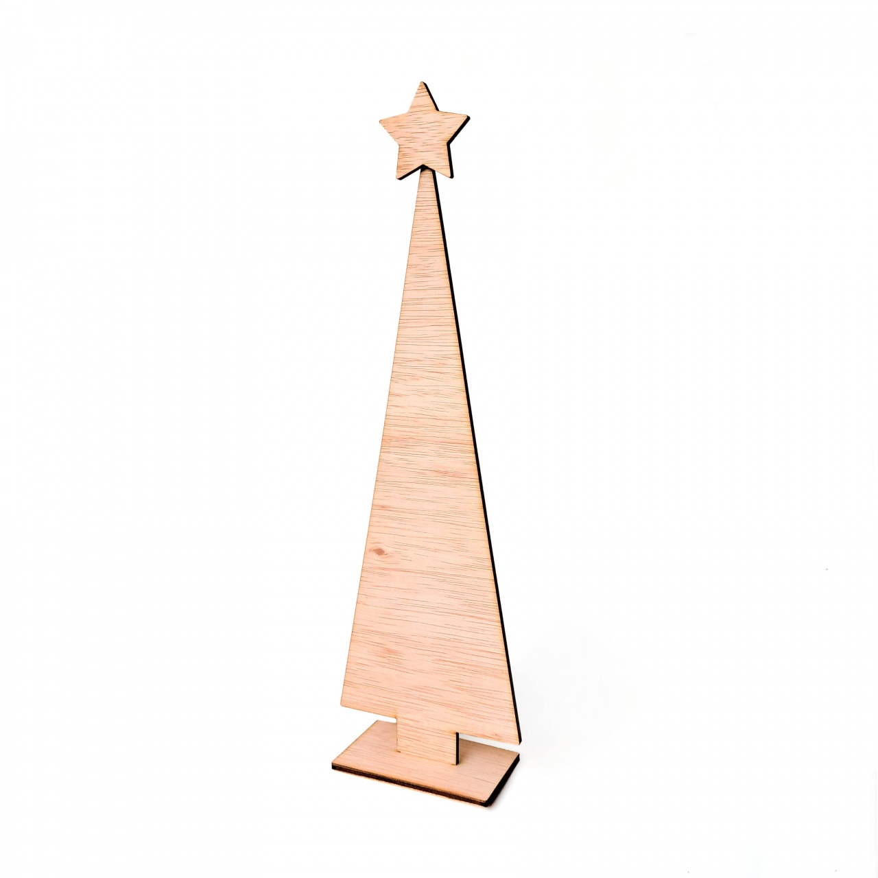 Brad minimalist cu bază și stea, 35 cm înălțime, placaj lemn natur
