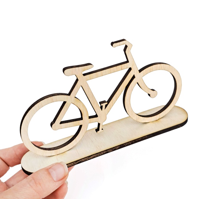 Bicicletă fără spițe pe suport, 15×9 cm, placaj lemn